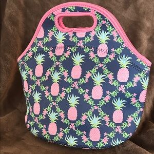 Navy Floral Pineapple Lunch Tote with Pink Trim